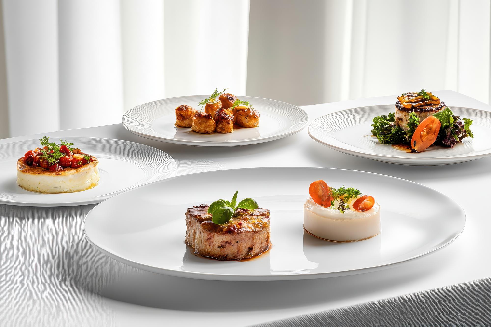 Three plated course set on white table